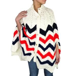 1980s Vintage Sweater Cream Blue Red Chevron Granny Knit Poncho Shall Medium